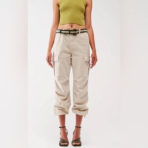 NWT Q2 Premium Denim Cargo Pants with Tassels in Sand, Womens XS